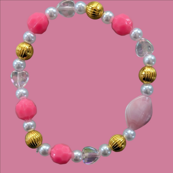 Hand Crafted Jewelry - Pink and Gold Beaded Stretch Bracelet